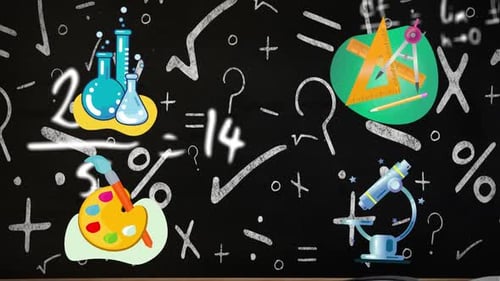 Digital animation of school concept items against mathematical equations against black background