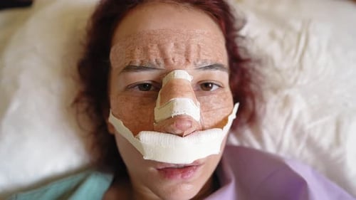 Woman Lies in Hospital Room After Rhinoplasty Operation Concept Plastic Surgery