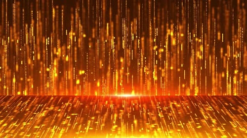 Bright golden particles rising upward, animation of dust and shiny dots, beautiful bokeh, stream