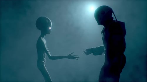 Un astronaute rencontre un extraterrestre gris et lui serre la main