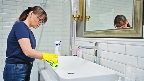 Woman Cleaning Bathroom Sink with Gloves and Rag