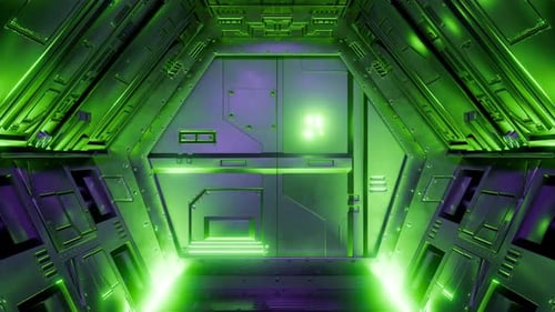 A futuristic spacecraft door with neon lights, animation loop