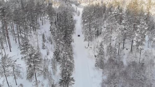 Vehicle Driving On The Snowy Road In The Forest At Daytime - aerial drone shot