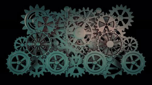 Complex mechanism of metal gears rotating on black background