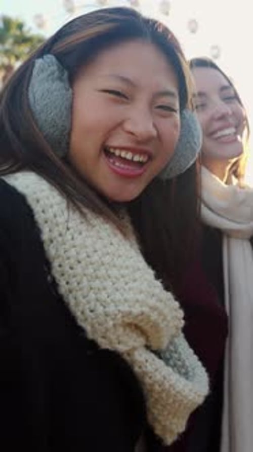 Multiracial Tourist Friends in Winter Clothes Enjoying Vacation in Barcelona
