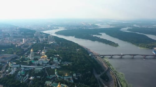 Aerial Top View of Kiev City Scape with River and Church