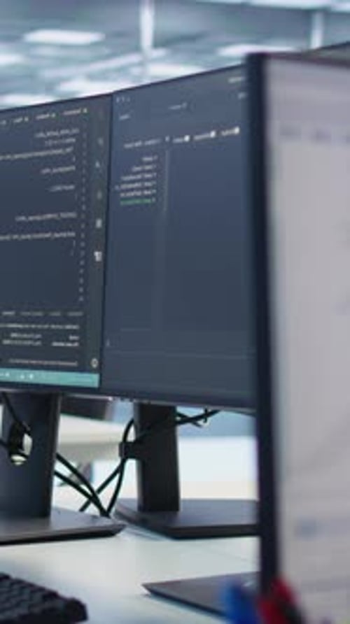 Code Screens Display Server Diagnostics Inside Data Center From Close Up Framing