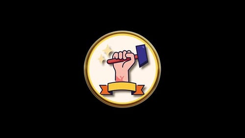Cartoon Hand Holding Hammer Award Badge Loop