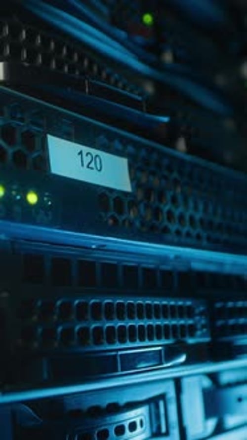 Close Up of Computer Servers with Flashing Lights