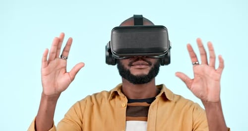 Virtual reality glasses, futuristic and black man with metaverse, augmented reality