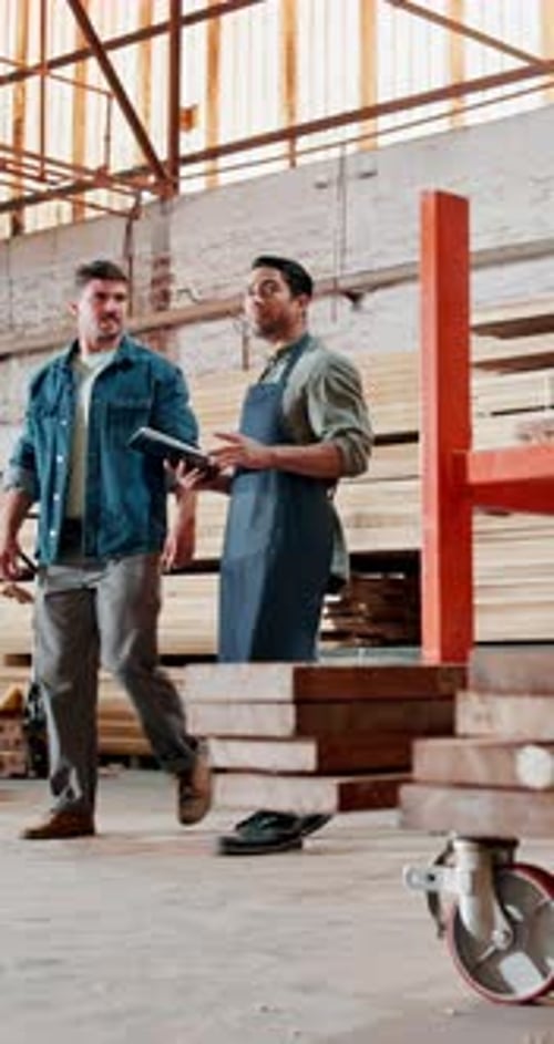 Man, carpenter and tablet at workshop, talk and point for choice with order for construction