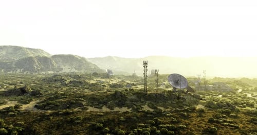 3D Futuristic Communication Towers in a Desolate Landscape