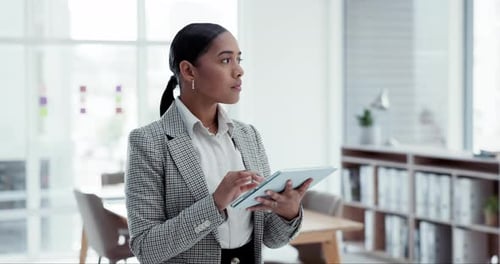 Tablet, research and businesswoman in the office on the internet scroll on a blog or website