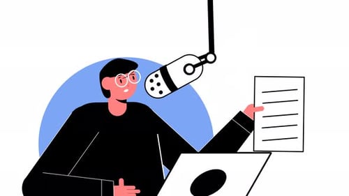 Flat Design Animation of a Person Recording a Podcast
