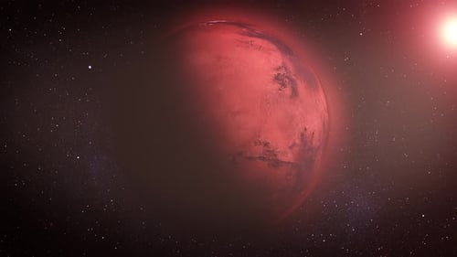 Der Rote Planet leuchtet hell.