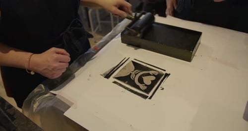 Close Up Block Printing with Ink and Roller