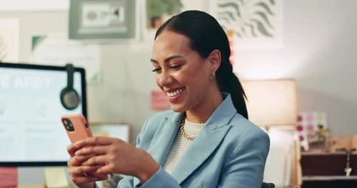 Phone, smile and businesswoman in the office typing a text message on social media or the internet