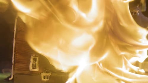 House Model Engulfed in Vibrant Flames, Destruction