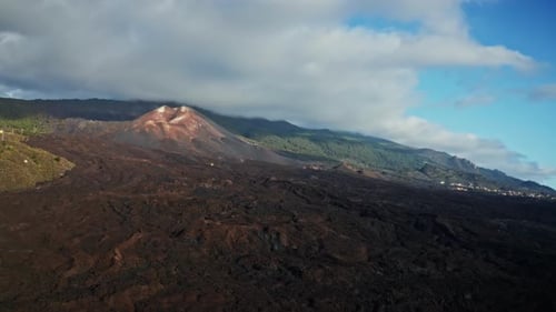 Aerial drone shot over the erupted volcano of Tajogaite in La Palma Island, Canary Islands, Spain. H