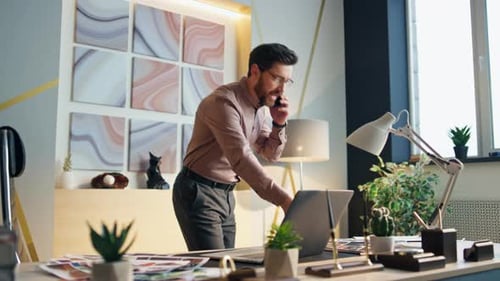 Dissatisfied Ceo Arguing Phone Standing Office Workplace Business Man Calling