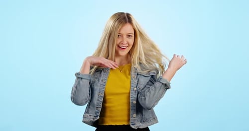 Woman, hair and face as studio mockup with confident funny carefree personality, beauty as portrait