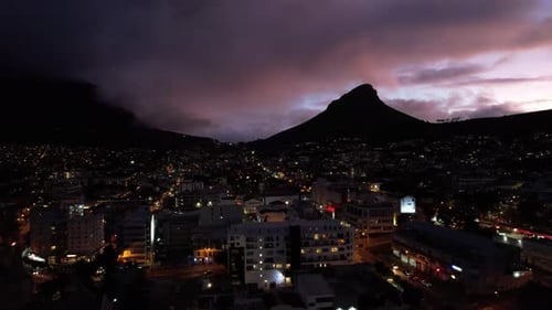 Aerial View of Cape Town City Centre at Night in Western Cape South Africa