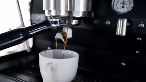 Automatic Coffee Machine Pouring Coffee in White Cup in Cafe Cooking Americano in Coffee Shop