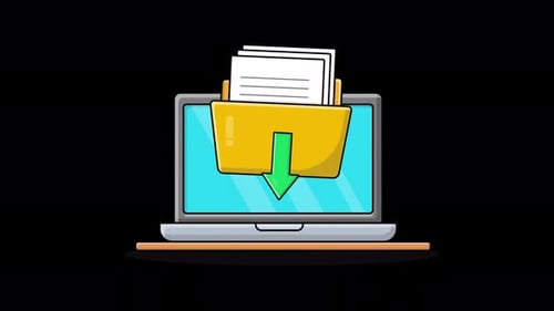 Animated Laptop with Open Folder and Green Arrow. Folder Download Concept Video - Transparent