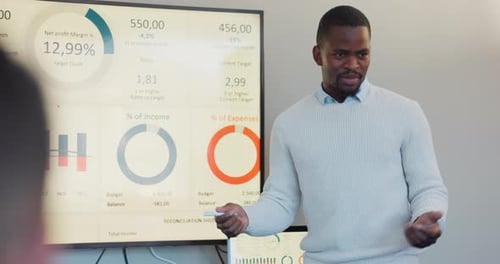 Man Presenting Data on Screen at Workplace