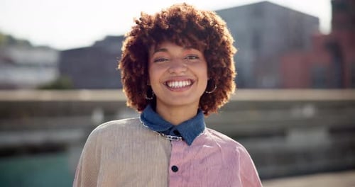 Woman, fashion and face with smile in city for streetwear style, outfit and travel on holiday