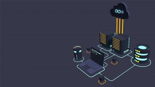 Animação de computação em tecnologia de nuvem. Tecnologia de nuvem moderna. Conceito isométrico de data center