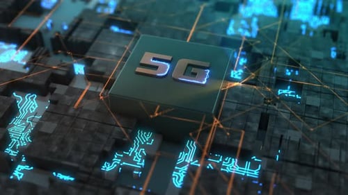 Futuristic 5G Microchip on Digital Circuit Board with Data Flow