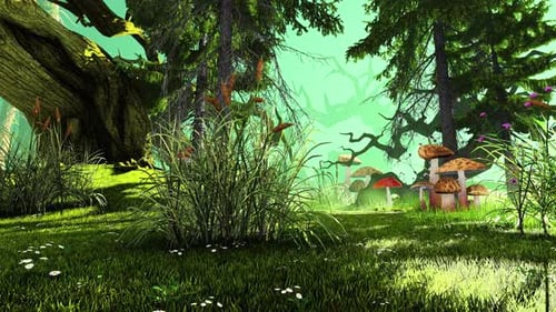 Panorama Of A Fairytale Forest With Plants, Mushrooms And Grass.