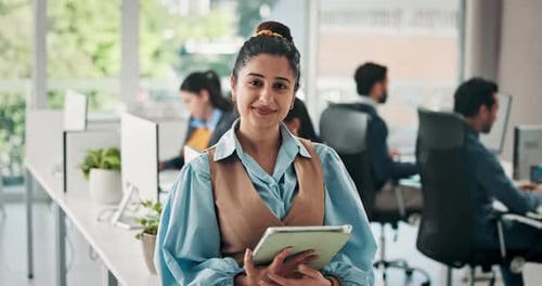Happy woman, face and project manager with tablet for company management or development in office