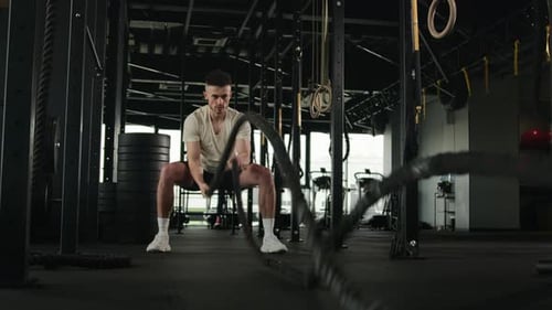 Powerful Man Training Battle Ropes Cardio Workout in Dark Gym Male Professional Athlete Caucasian