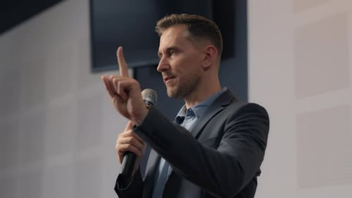 Speech of Male Employee at Business Conference for Office Workers. Speaker Talks