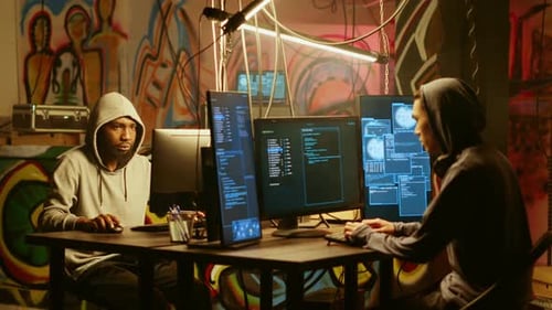 Two Young Adults Hacking Computers in Graffiti Room