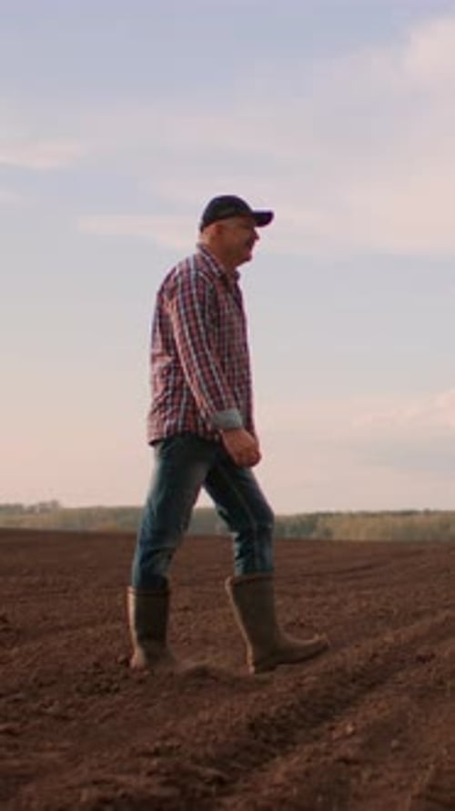 Middle Aged Farmer Walking Through Freshly Tilled Agricultural Field at Sunset Inspecting Soil