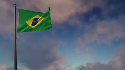 Brazilian Flag Waving in Realistic Cloudy Sky