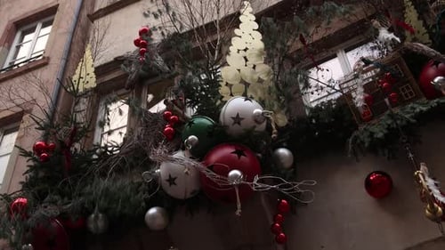 Christmas Decorations on City Building in Winter