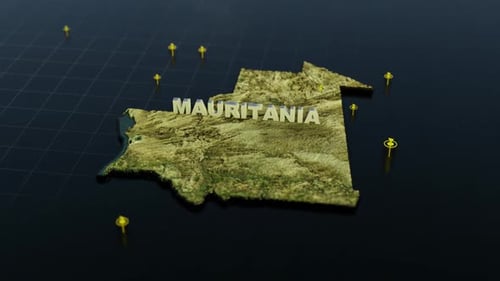 3D Topographic Map of Mauritania with Location Pins