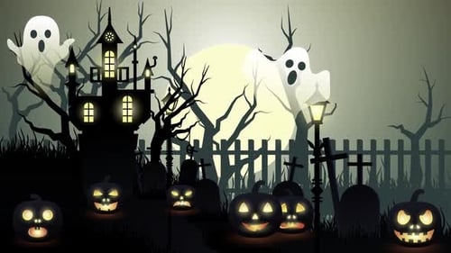 Animated Halloween Night with Spooky House and Jack-o'-Lanterns