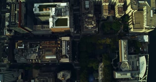 Manhattan New York City skyline rises above the verdant urban landscape on a sunny day