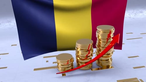 Chad Flag With Gold Coins Tower And Up Arrow