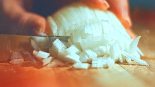 Dicing an Onion with a Knife on Board
