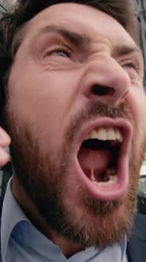 Furious Caucasian Middle Aged Business Man Yelling Mobile Phone City Arguing During Work Negotiation