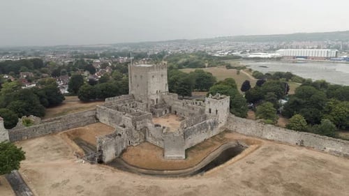 An aerial view of the Portchester Castle, a medieval castle ruin in the county of Hampshire, England