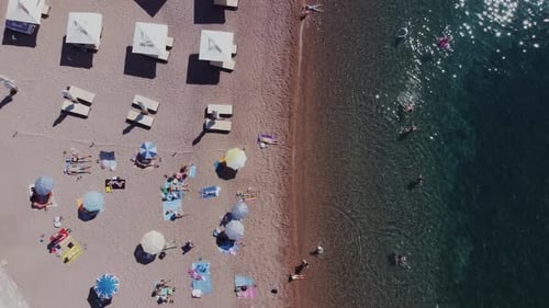 Aerial view of the seaside umbrellas and people