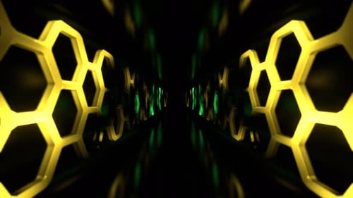 Yellow And Green Fantastic Corridor With Neon Illumination Honeycomb Background VJ Loop In 4K