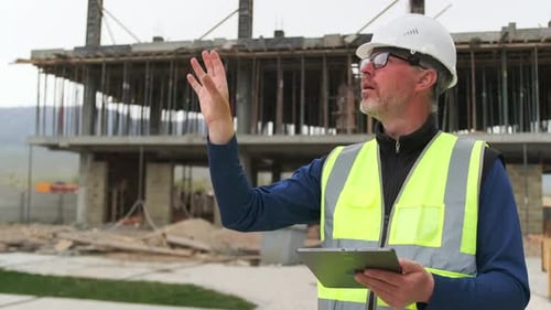 Architect looking tablet pc and comparing housing project with building, gesturing with hands